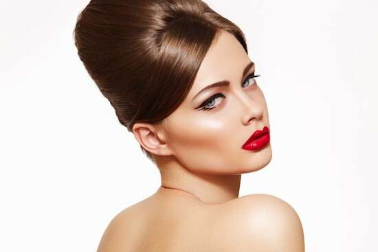 Retro beauty style. Model with glamour lips make-up, hair style