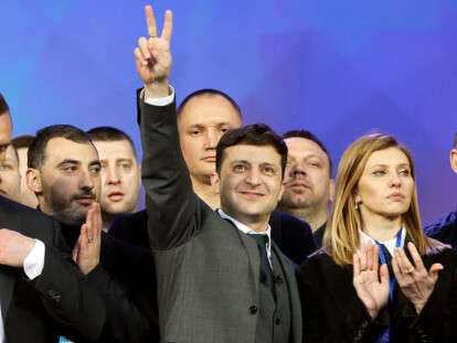 Ukraine's presidential candidates Petro Poroshenko and Volodymyr Zelenskiy attend a debate in Kiev