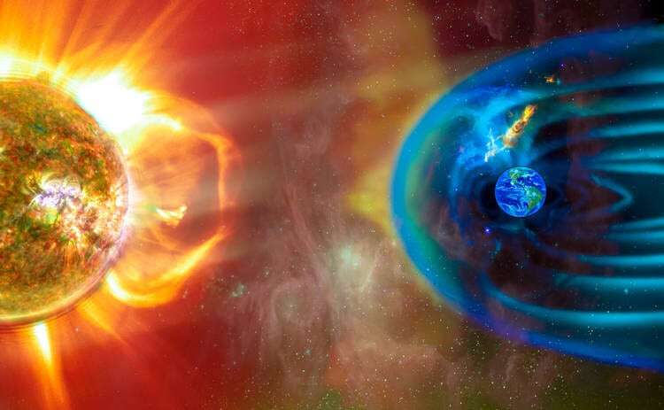 The Sun-Earth connection space weather. Blasts of perticles and magnetic field from the sun impact magnetosphere. Magnetic bubble around the Earth. Elements of this image furnished by NASA.
