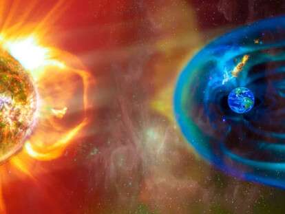 The Sun-Earth connection space weather. Blasts of perticles and magnetic field from the sun impact magnetosphere. Magnetic bubble around the Earth. Elements of this image furnished by NASA.