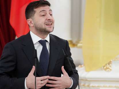 Ukrainian President Zelenskiy speaks during a news conference in Kiev