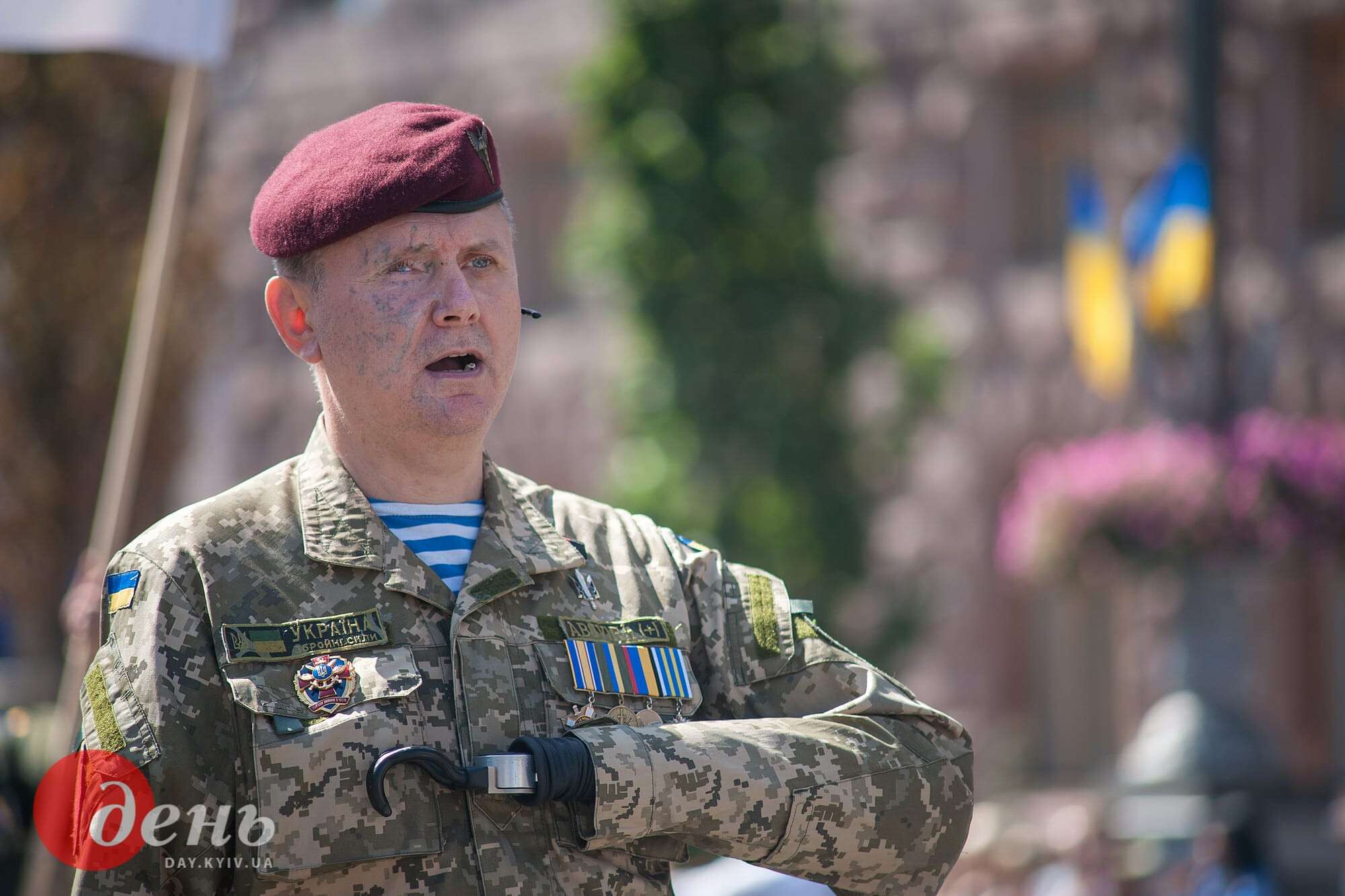 Kyiv, Ukraine - August 24, 2019: Disabled war veteran man with prosthetic hand during march on Independence Day of Ukrainian veterans of Russian-Ukrainian war, volunteers and relatives of soldiers