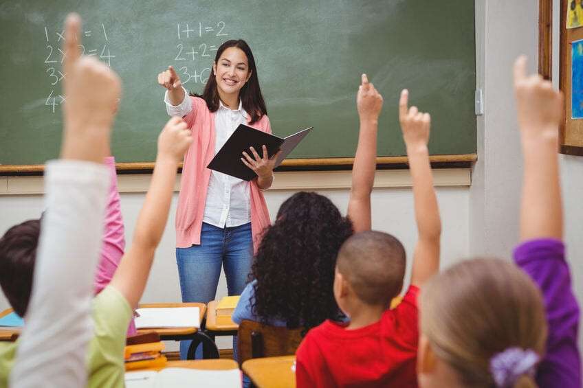 Teacher asking her students a question at the elementary school