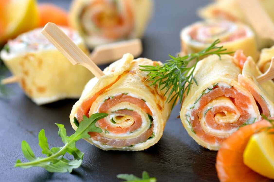 Pancake and salmon rolls