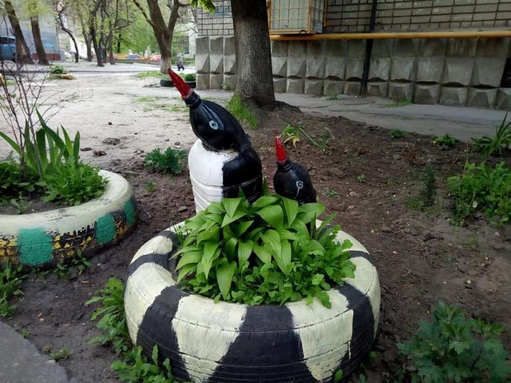 В Днепре на одной из улиц поселились лебедь и два пингвина: жители своими руками облагородили участок возле подъезда (Фото)