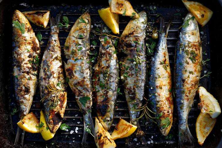 Grilled sardines in a herbal lemon marinade on a grill plate, top view.