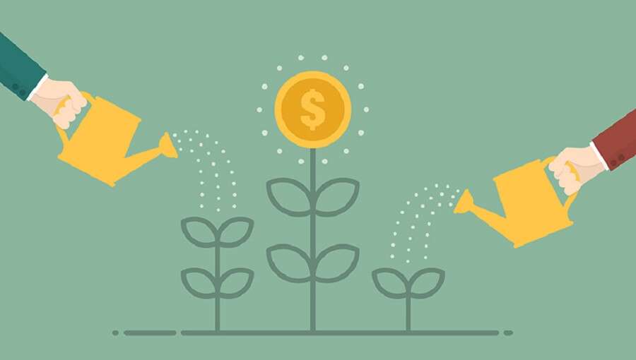 Money Growth. Flat design illustration. Business person watering money tree