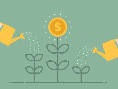 Money Growth. Flat design illustration. Business person watering money tree