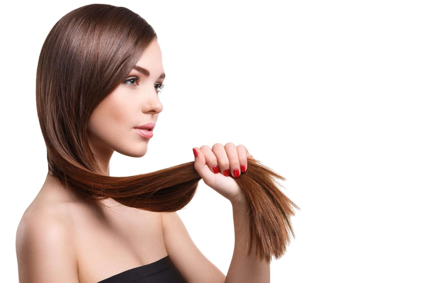 Woman with beautiful long hair on white background