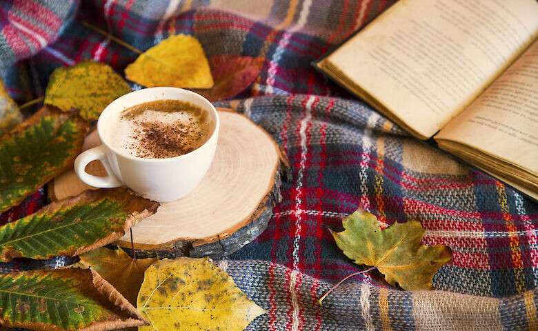Autumn coffee cup with cozy blanket, fall deco warm home weekend