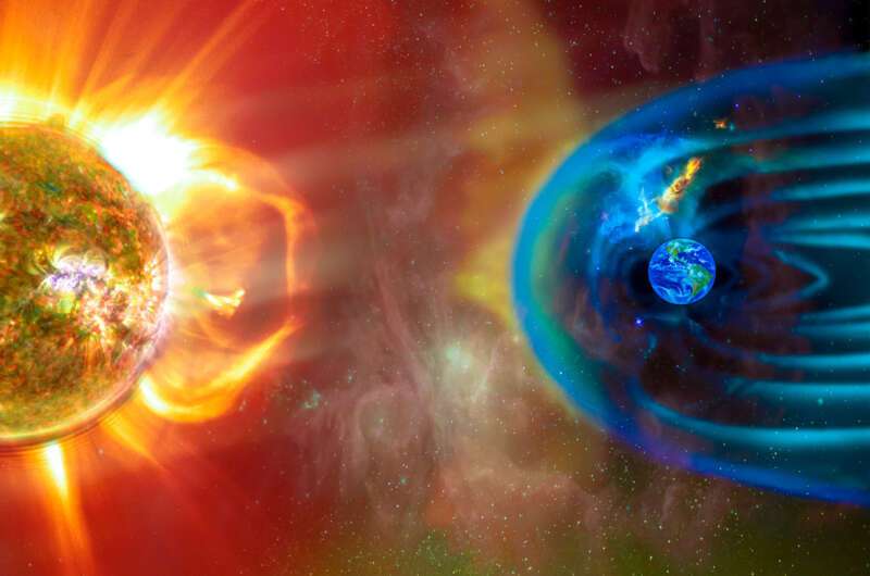 The Sun-Earth connection space weather. Blasts of perticles and magnetic field from the sun impact magnetosphere. Magnetic bubble around the Earth. Elements of this image furnished by NASA.