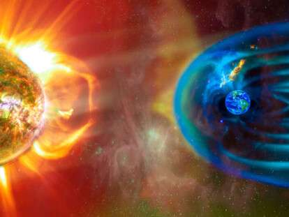 The Sun-Earth connection space weather. Blasts of perticles and magnetic field from the sun impact magnetosphere. Magnetic bubble around the Earth. Elements of this image furnished by NASA.