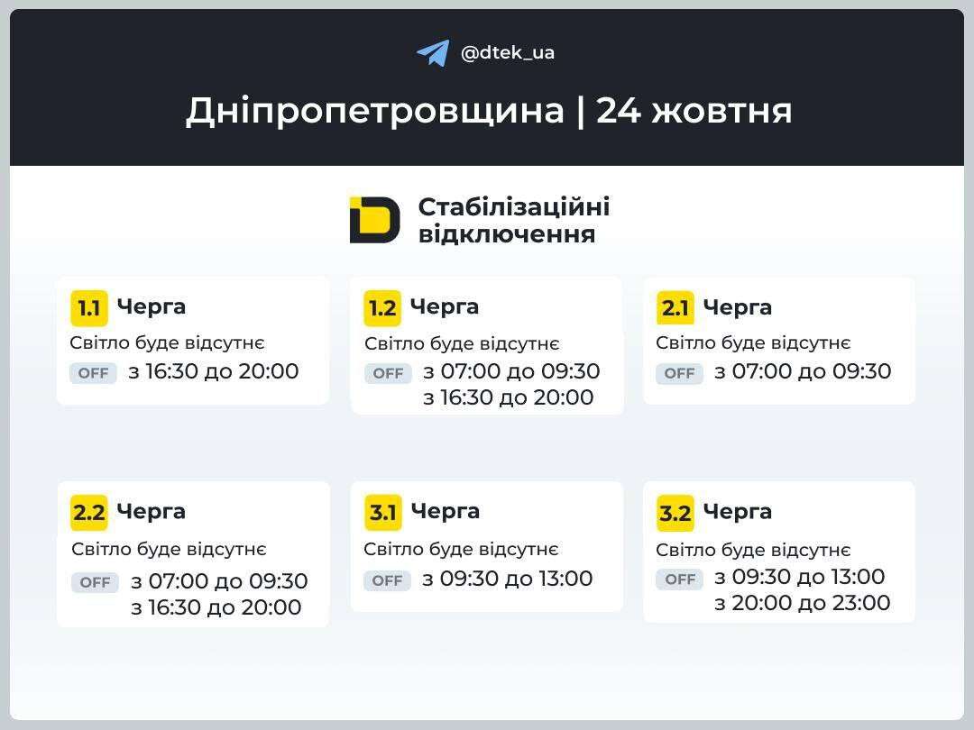 Відключення світла ДТЕК у Дніпрі