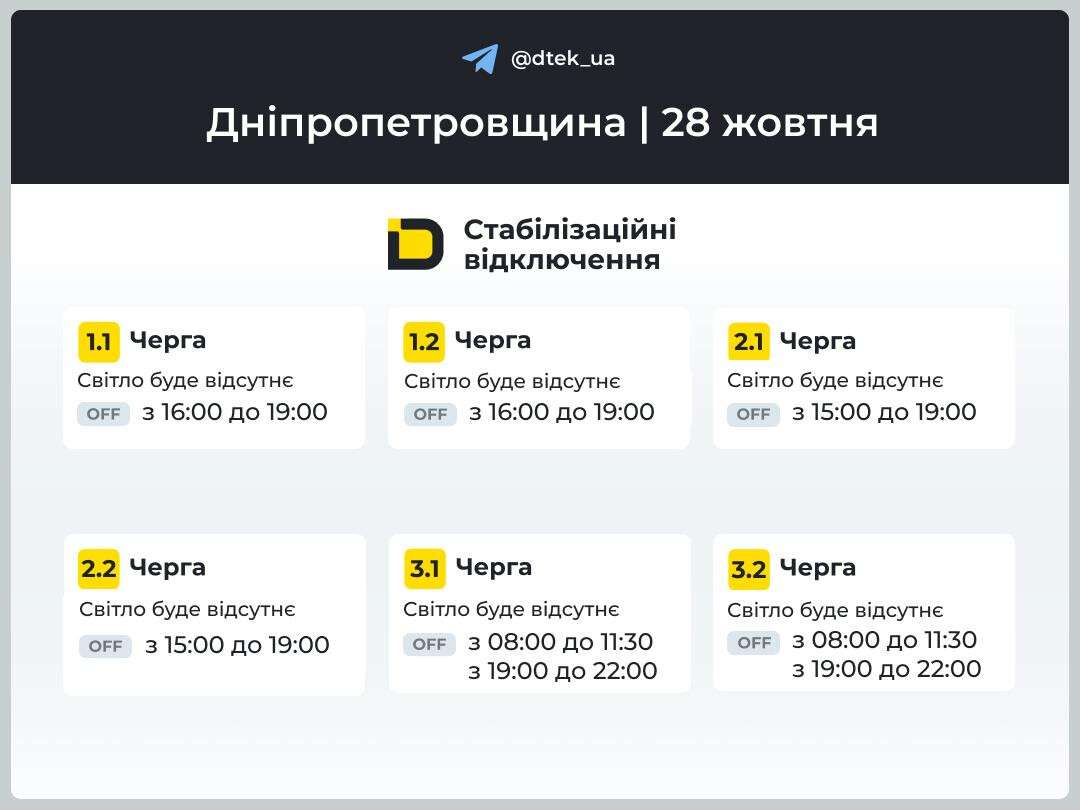 Графіки відключення світла ДТЕК 28 жовтня