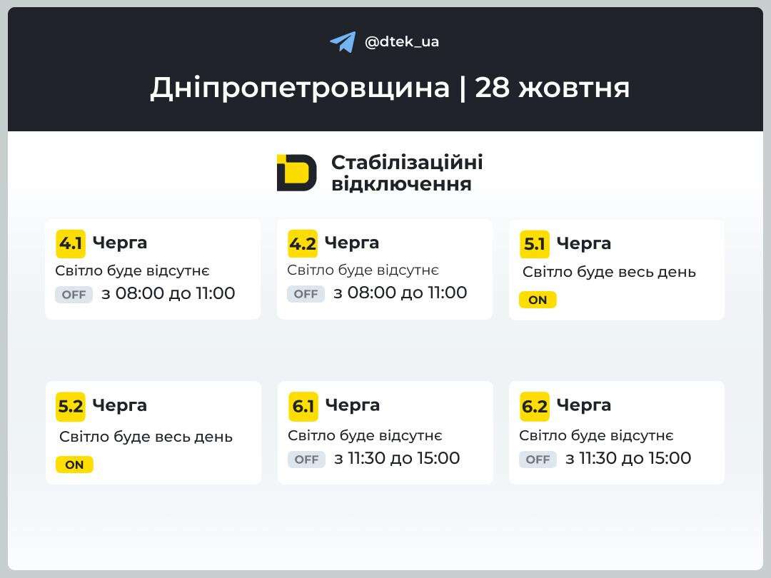 Графіки відключення світла ДТЕК 28 жовтня