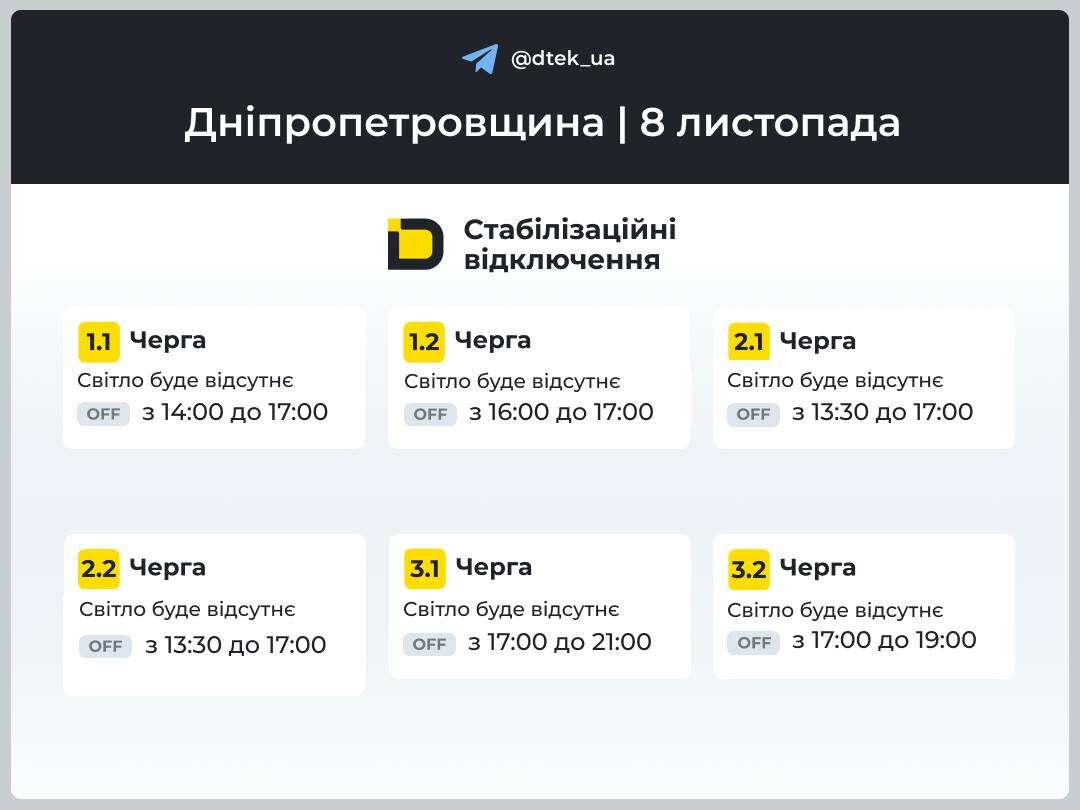 Графіки відключень ДТЕК на 8 листопада