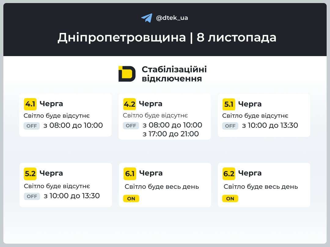 Графіки відключень ДТЕК на 8 листопада