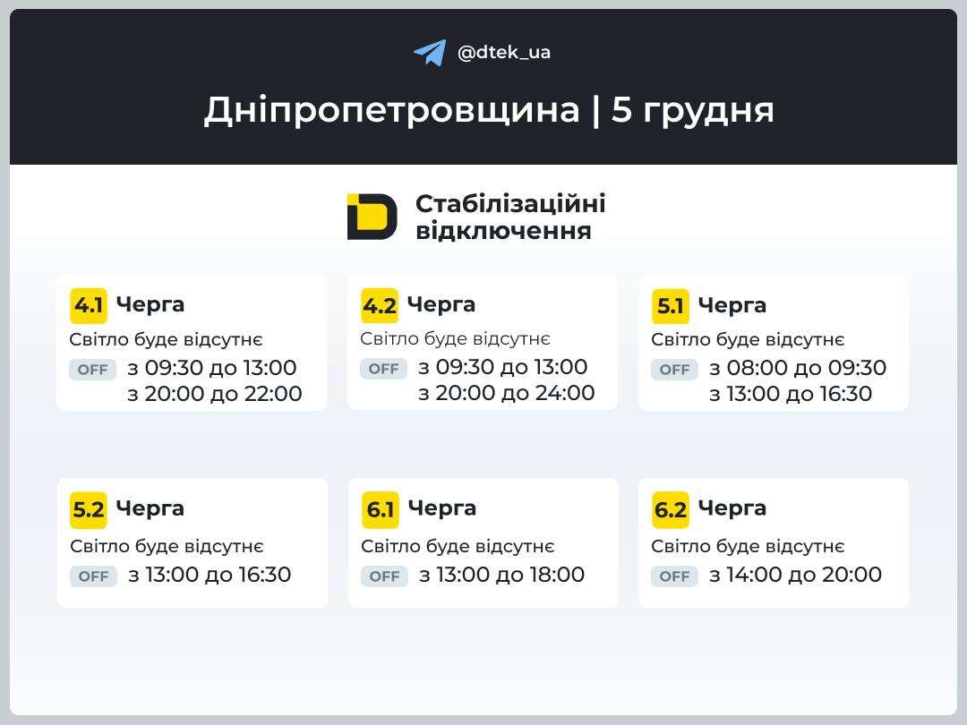 Графіки відключень ДТЕК на 5 грудня