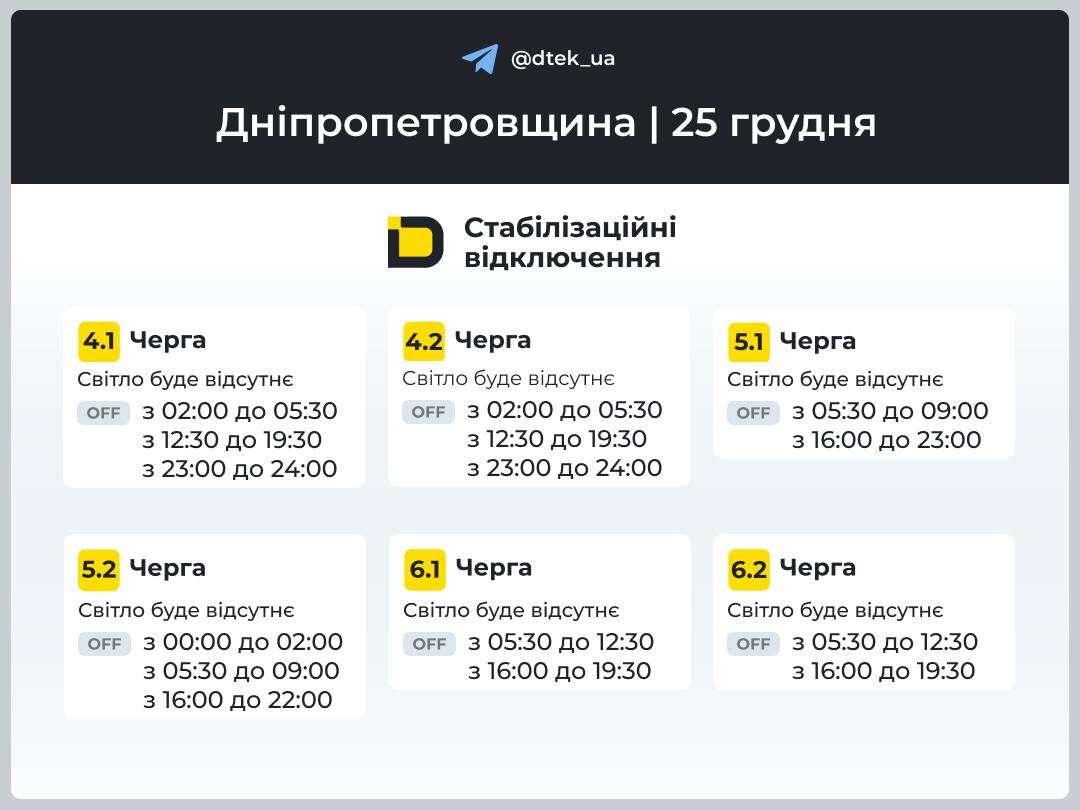 Графіки відключень ДТЕК на 25 грудня