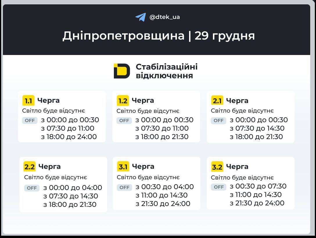 Графіки відключень ДТЕК 29 грудня