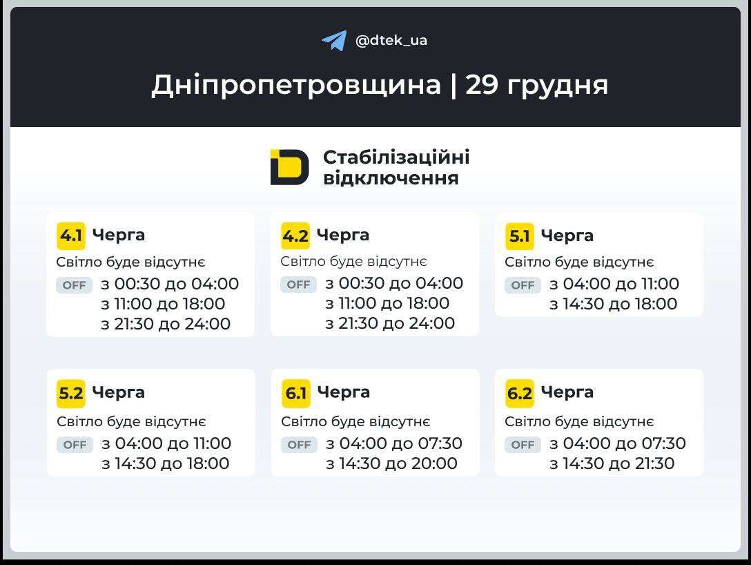 Графіки відключень ДТЕК 29 грудня