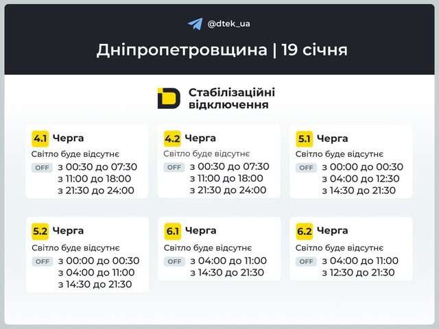 Графіки відключень ДТЕК 19 січня