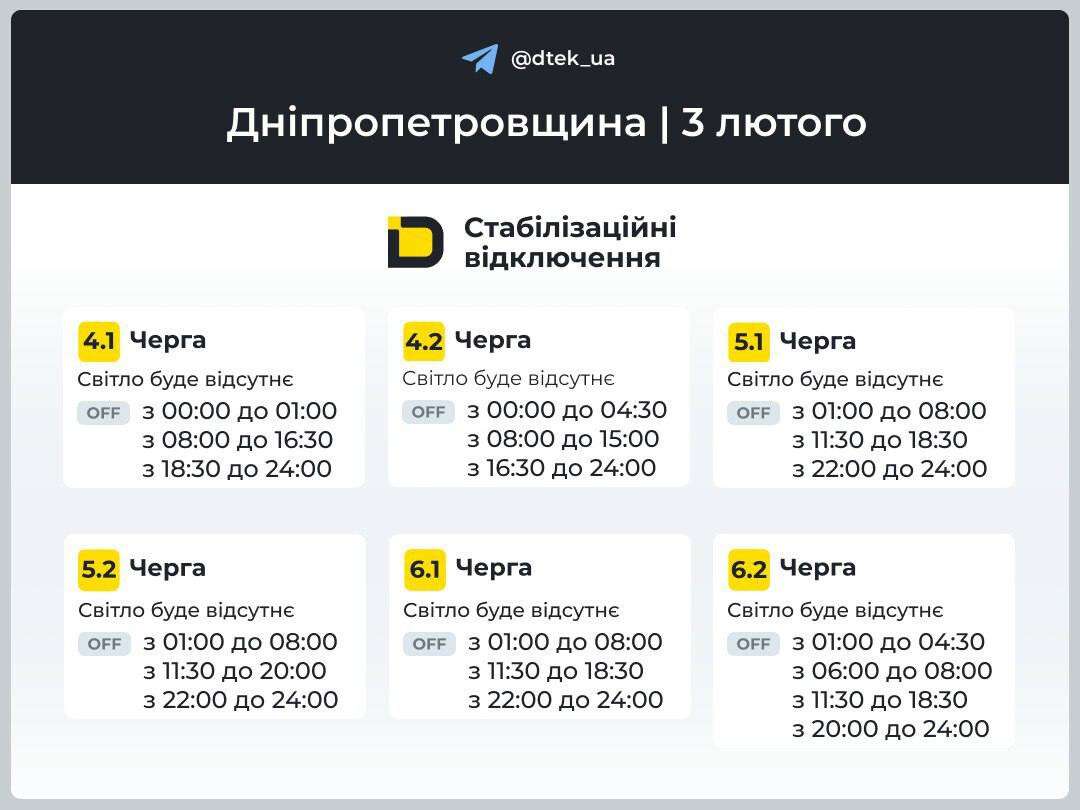 Графіки відключень ДТЕК на 3 лютого