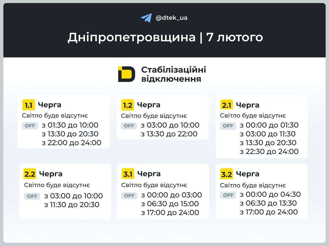 Графіки ДТЕК на 7 лютого