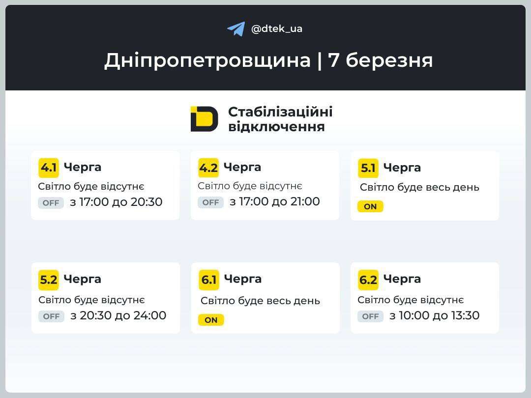 Графіки відключень ДТЕК на 7 березня