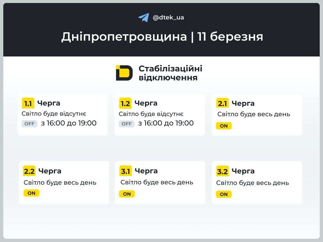 Графіки відключень ДТЕК на 11 березня