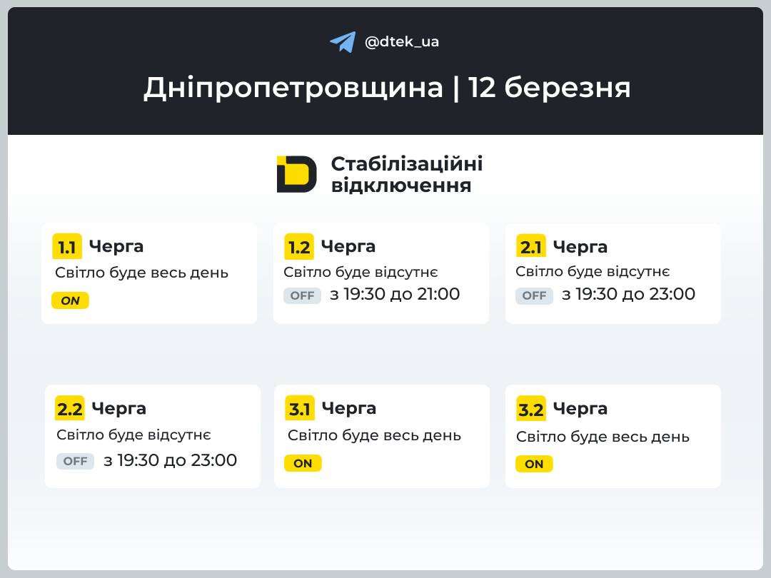 Графіки відключень ДТЕК на 12 березня