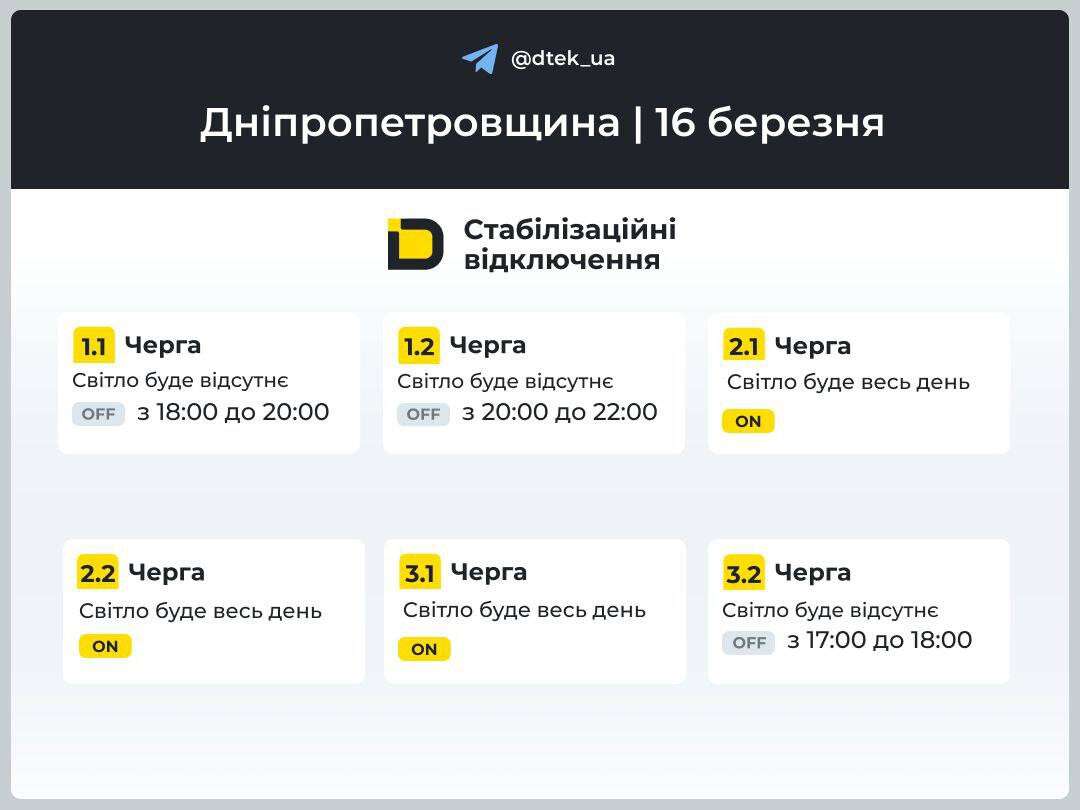 Графіки відключень ДТЕК на 16 березня