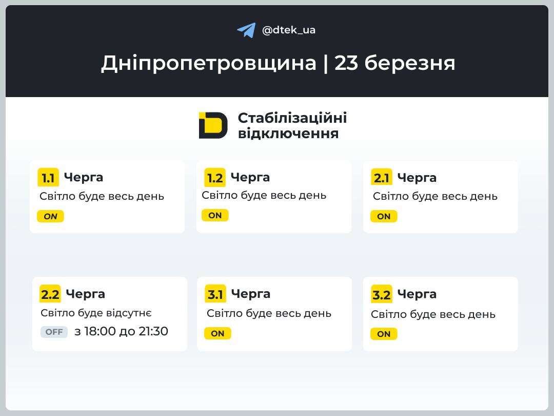 Графіки відключень ДТЕК на 23 березня
